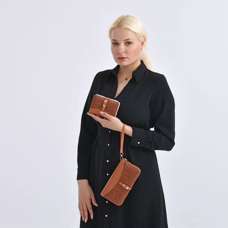 2-teiliges Geldbörsen-Set im Krokoprägungs-Design, Lange Geldbörse 20x10x3 cm und Bifold-Geldbörse 12x9x3,5 cm, Schwarz