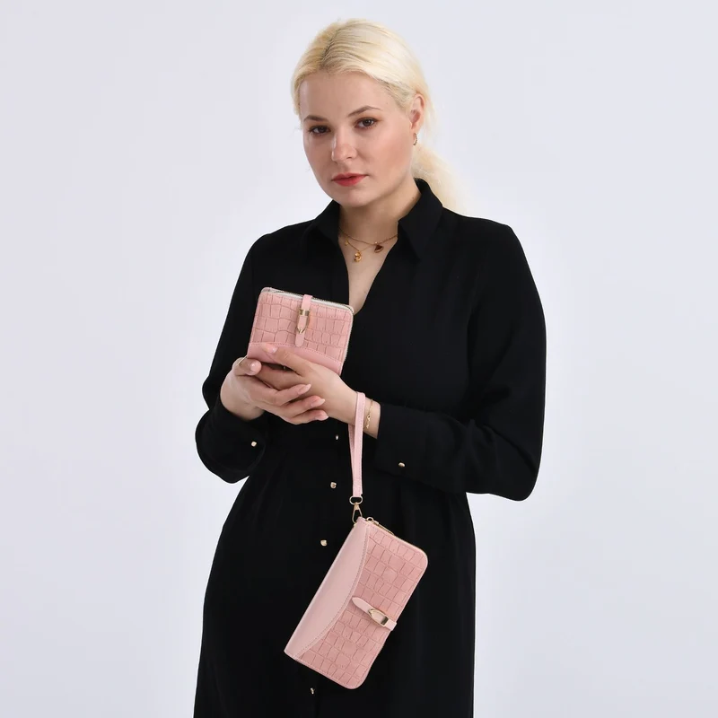 2-teiliges Geldbörsen-Set im Krokoprägungs-Design, Lange Geldbörse 20x10x3 cm und Bifold-Geldbörse 12x9x3,5 cm, Schwarz