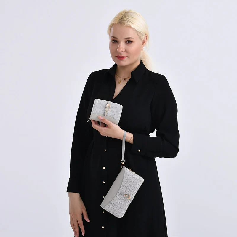 2-teiliges Geldbörsen-Set im Krokoprägungs-Design, Lange Geldbörse 20x10x3 cm und Bifold-Geldbörse 12x9x3,5 cm, Schwarz