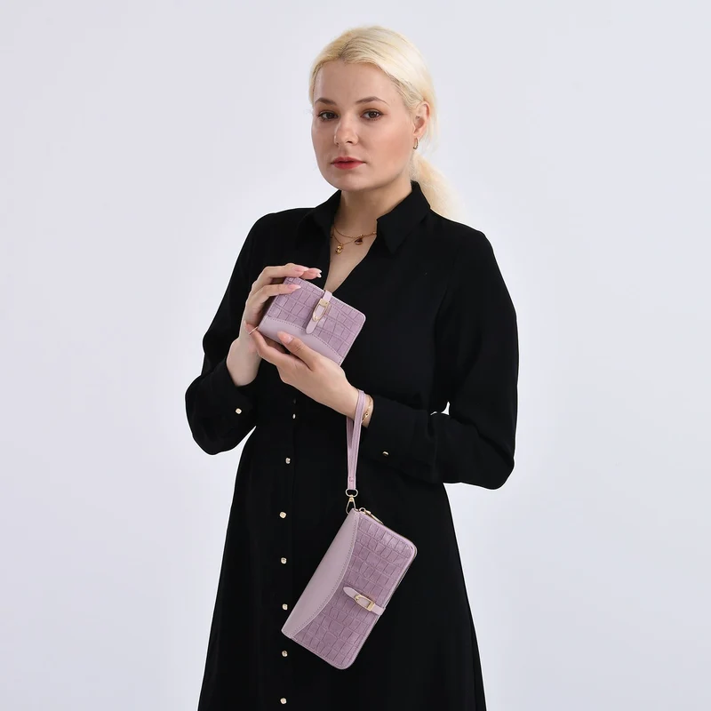 2-teiliges Geldbörsen-Set im Krokoprägungs-Design, Lange Geldbörse 20x10x3 cm und Bifold-Geldbörse 12x9x3,5 cm, Schwarz