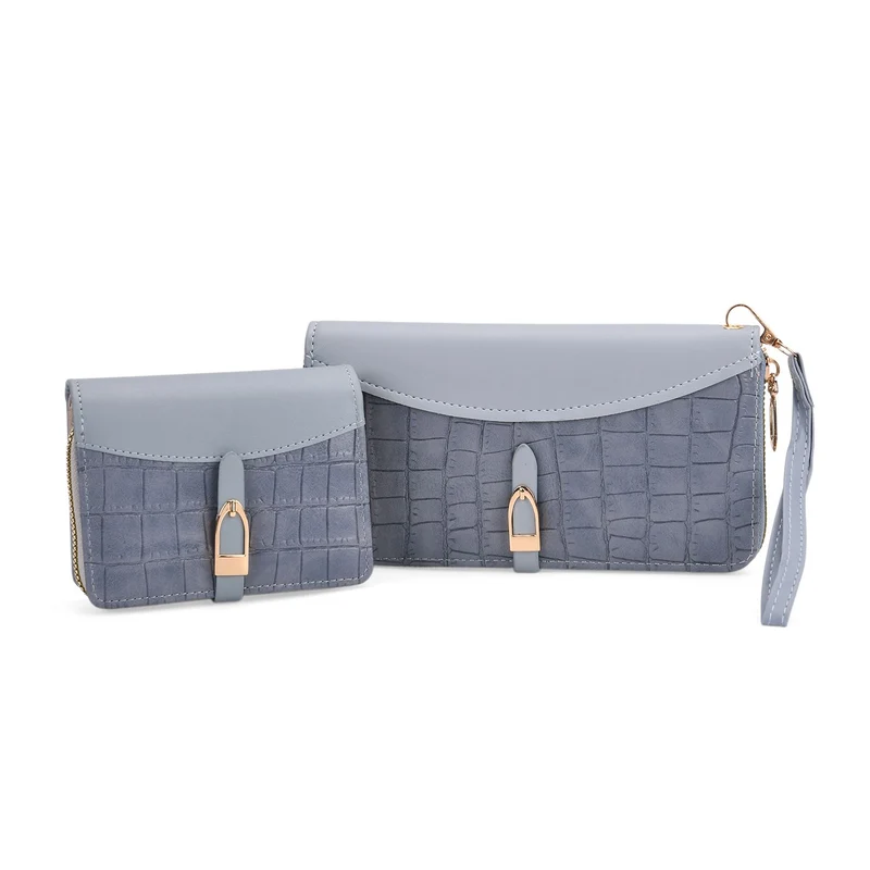 2-teiliges Geldbörsen-Set im Krokoprägungs-Design, Lange Geldbörse 20x10x3 cm und Bifold-Geldbörse 12x9x3,5 cm, Schwarz