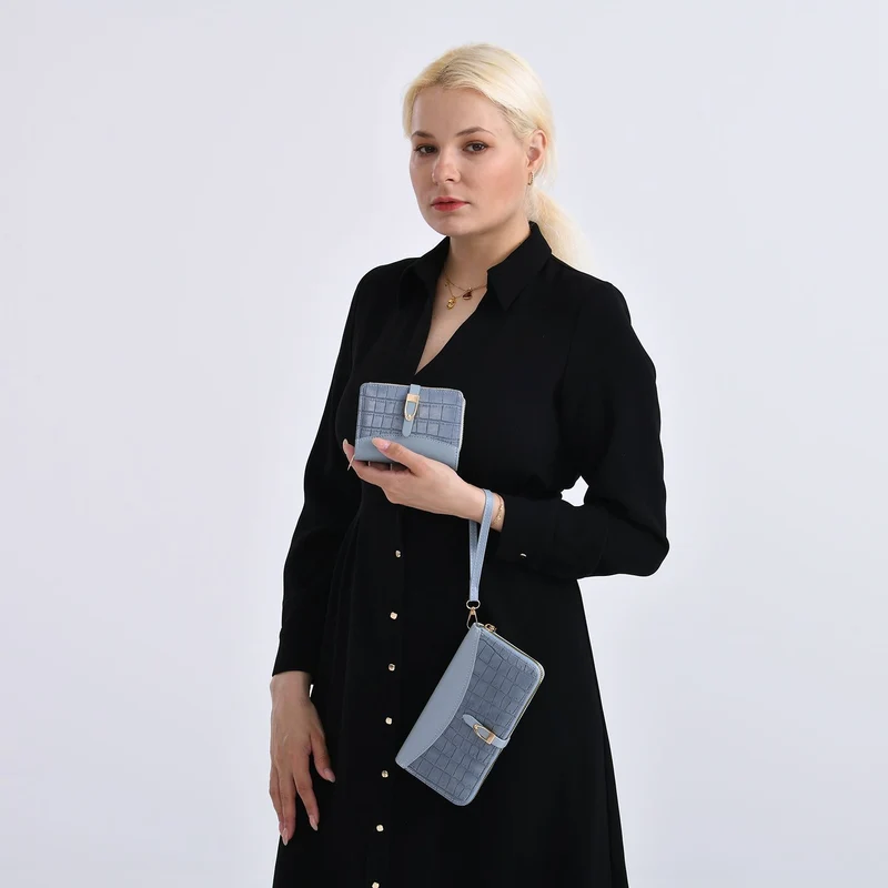 2-teiliges Geldbörsen-Set im Krokoprägungs-Design, Lange Geldbörse 20x10x3 cm und Bifold-Geldbörse 12x9x3,5 cm, Schwarz