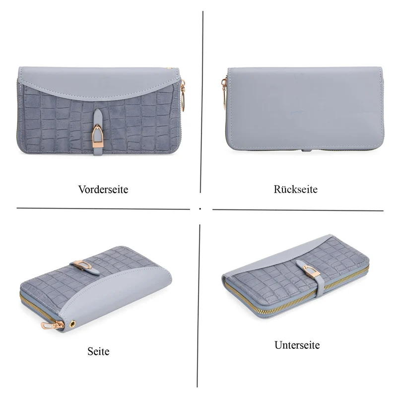2-teiliges Geldbörsen-Set im Krokoprägungs-Design, Lange Geldbörse 20x10x3 cm und Bifold-Geldbörse 12x9x3,5 cm, Schwarz