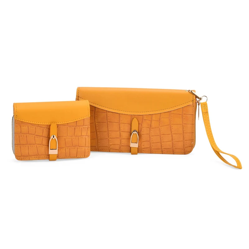 2-teiliges Geldbörsen-Set im Krokoprägungs-Design, Lange Geldbörse 20x10x3 cm und Bifold-Geldbörse 12x9x3,5 cm, Schwarz