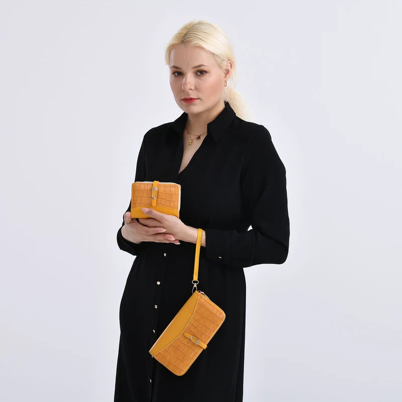 2-teiliges Geldbörsen-Set im Krokoprägungs-Design, Lange Geldbörse 20x10x3 cm und Bifold-Geldbörse 12x9x3,5 cm, Schwarz