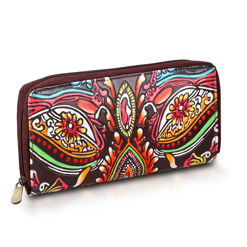 Handbemalte Leder Geldbörse RFID, Tan, 22.8 x 2.5 x 12.7 cm