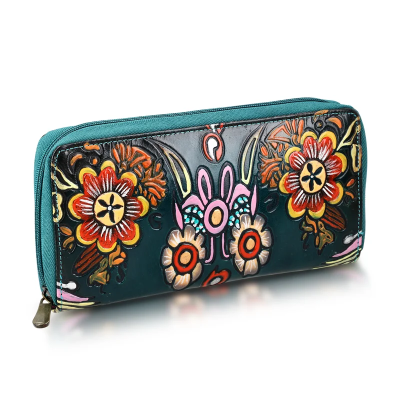 Handbemalte Leder Geldbörse RFID, Tan, 22.8 x 2.5 x 12.7 cm
