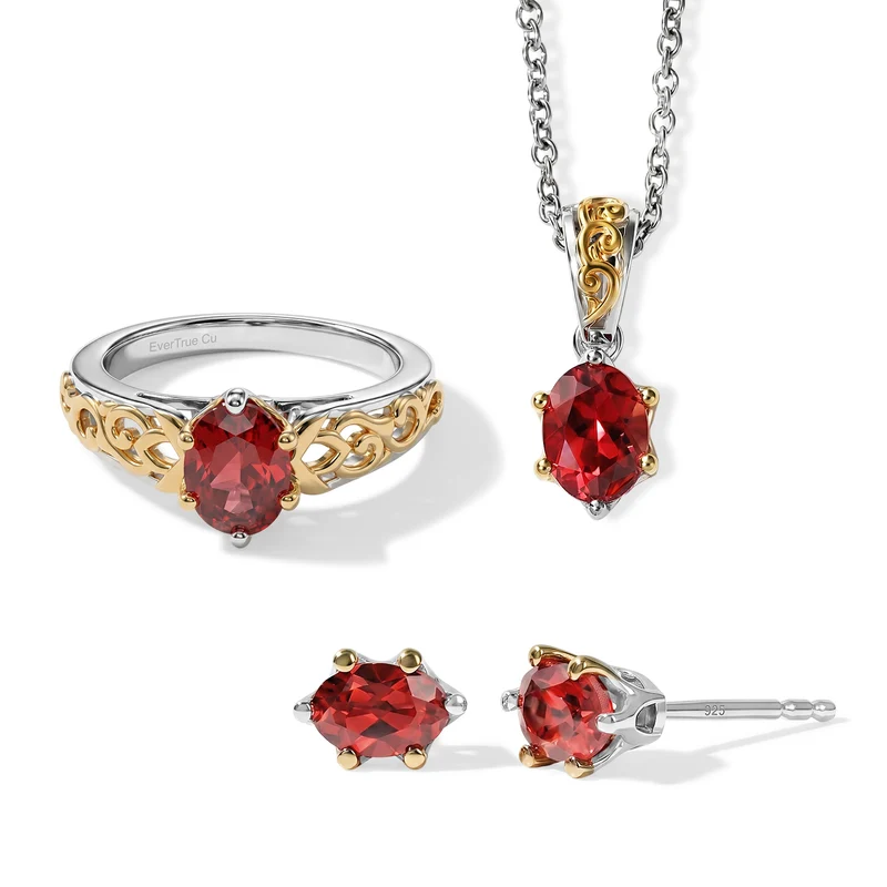 3er Set - EVER TRUE Lab Grown Padparadscha-Saphir Anhänger mit Kette, Ring und Ohrringe, ca. 50 cm (Größe 18.00) ca. 4,88 ct.