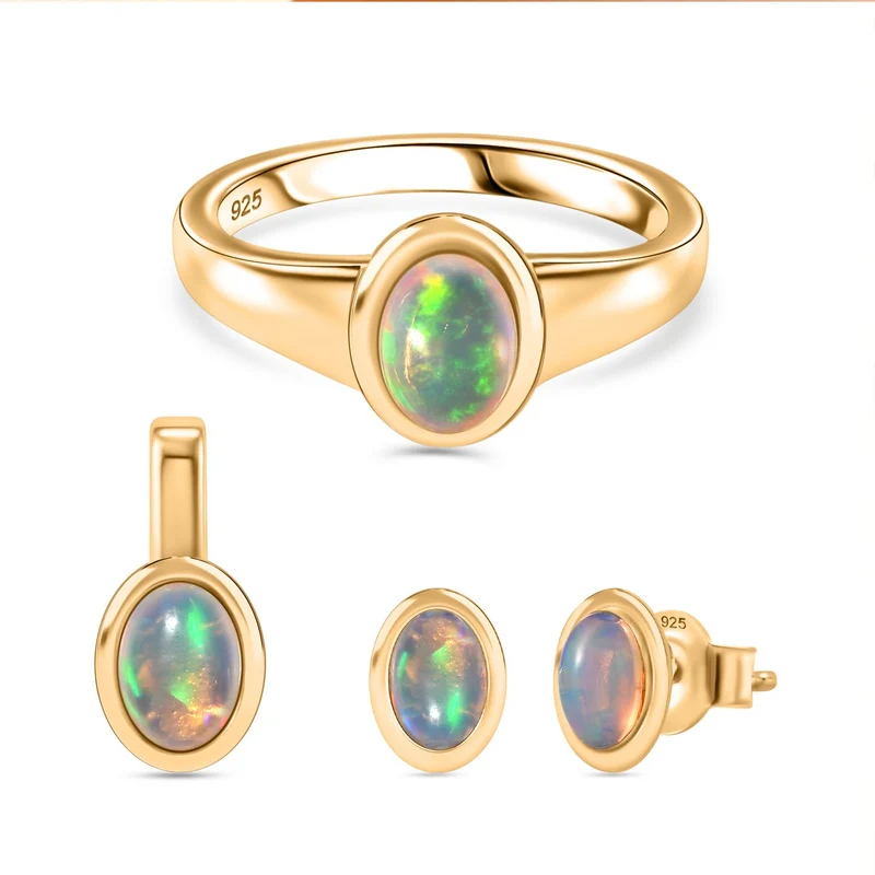 3er Set- AA Natürlicher, äthiopischer Welo Opal Anhänger, Ring und Ohrringe, 925 Silber 750 Gelbgold Vermeil ca. 1.61 ct