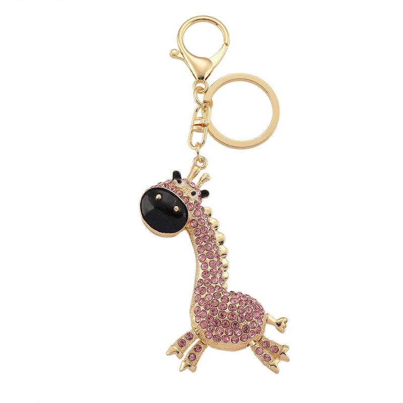 3er-Set emaillierte weiße, rosa und mehrfarbige Kristall-Schlüsselanhänger, Giraffe, Segelschiff und Regenbogen-Wolke, Legierung in Gelbgold