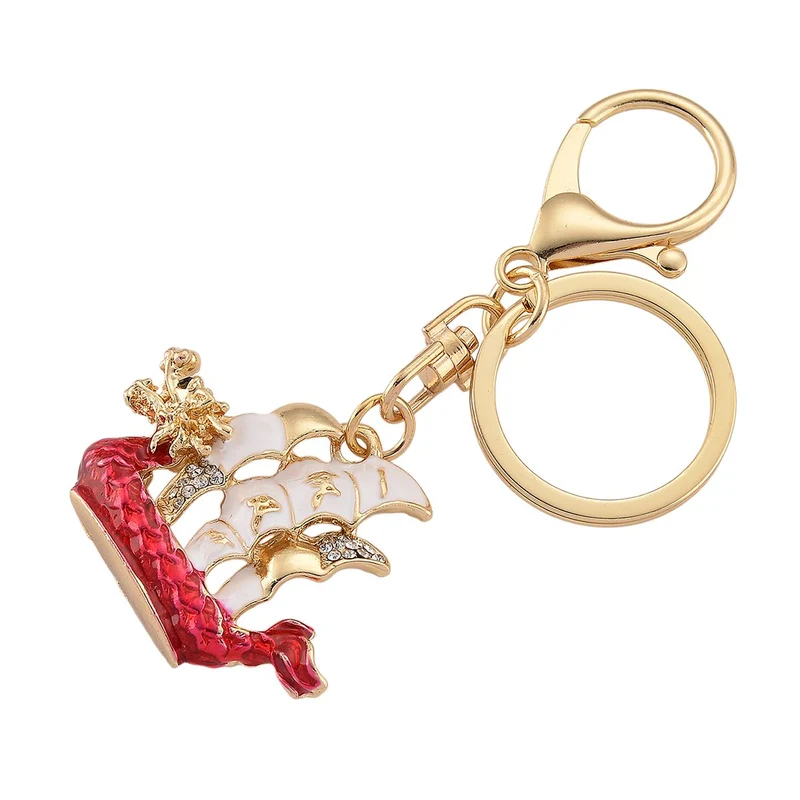 3er-Set emaillierte weiße, rosa und mehrfarbige Kristall-Schlüsselanhänger, Giraffe, Segelschiff und Regenbogen-Wolke, Legierung in Gelbgold