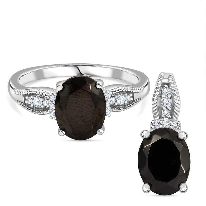 2er Set - D'Joy Elite Shungit (Oval) Ring und Anhänger, 925 Silber platiniert (Größe 21.00) ca. 1.82 ct
