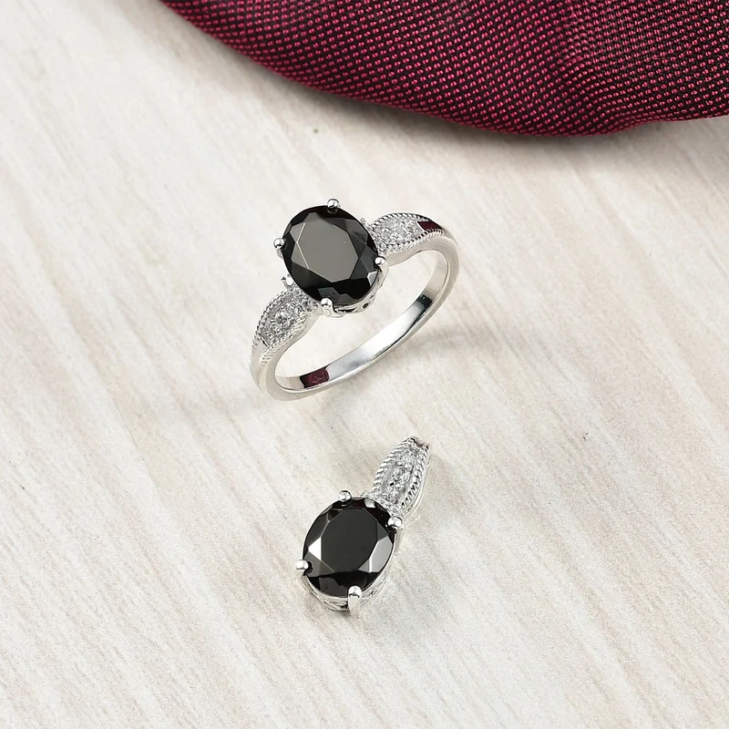 2er Set - D'Joy Elite Shungit (Oval) Ring und Anhänger, 925 Silber platiniert (Größe 21.00) ca. 1.82 ct