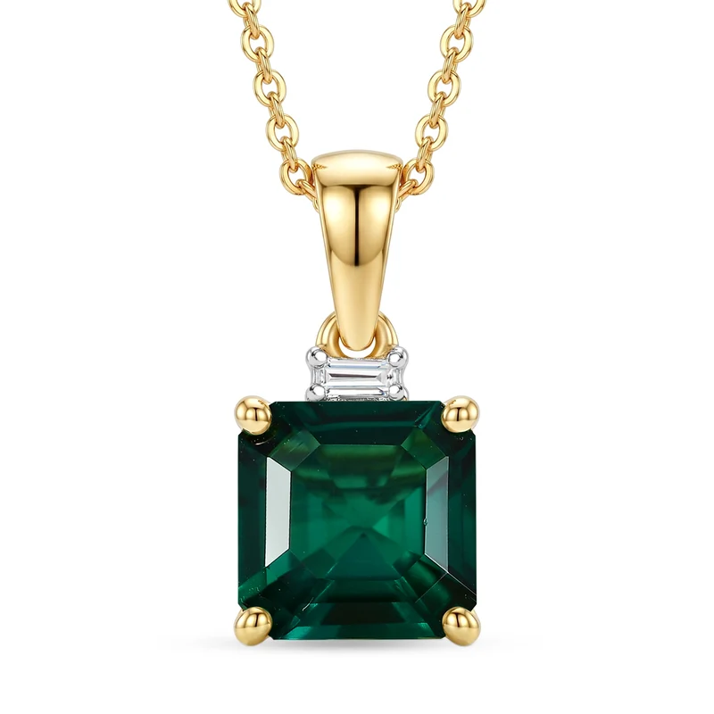 LUXURIANT AAA Labor Smaragd und Labor Diamant Anhänger mit 50cm Kette, 925 Silber 750 Gelbgold Vermeil - 2,22 ct.