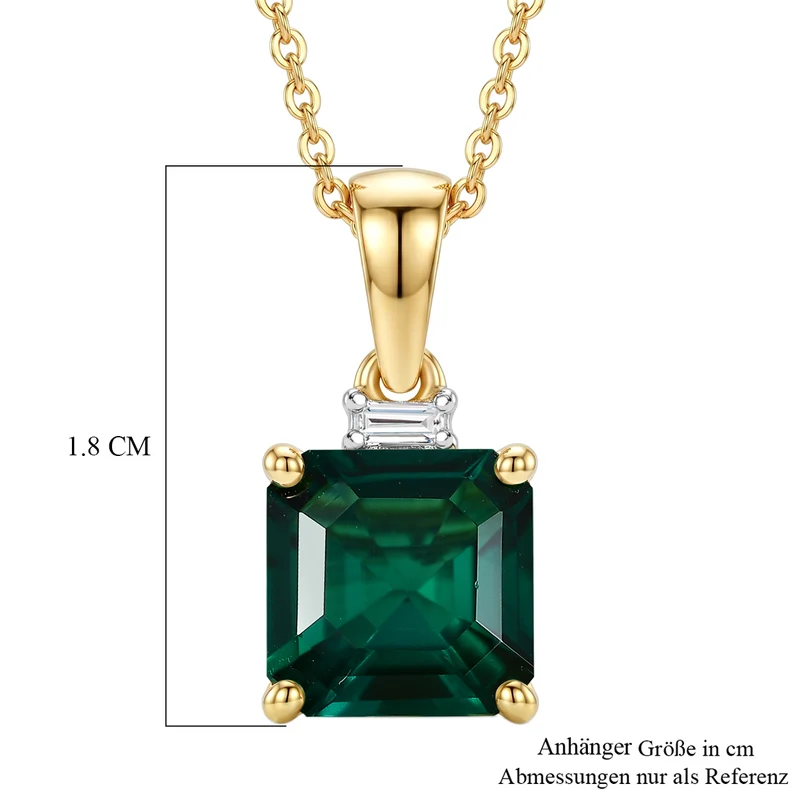 LUXURIANT AAA Labor Smaragd und Labor Diamant Anhänger mit 50cm Kette, 925 Silber 750 Gelbgold Vermeil - 2,22 ct.