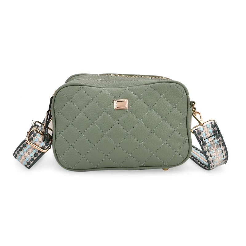 Crossbody-Tasche mit Steppmuster und gemustertem Schultergurt, Kunstleder, 21 x 13 x 7.5 cm, Pink
