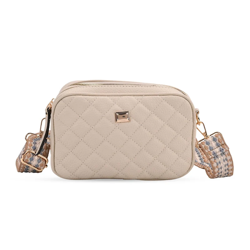 Crossbody-Tasche mit Steppmuster und gemustertem Schultergurt, Kunstleder, 21 x 13 x 7.5 cm, Pink