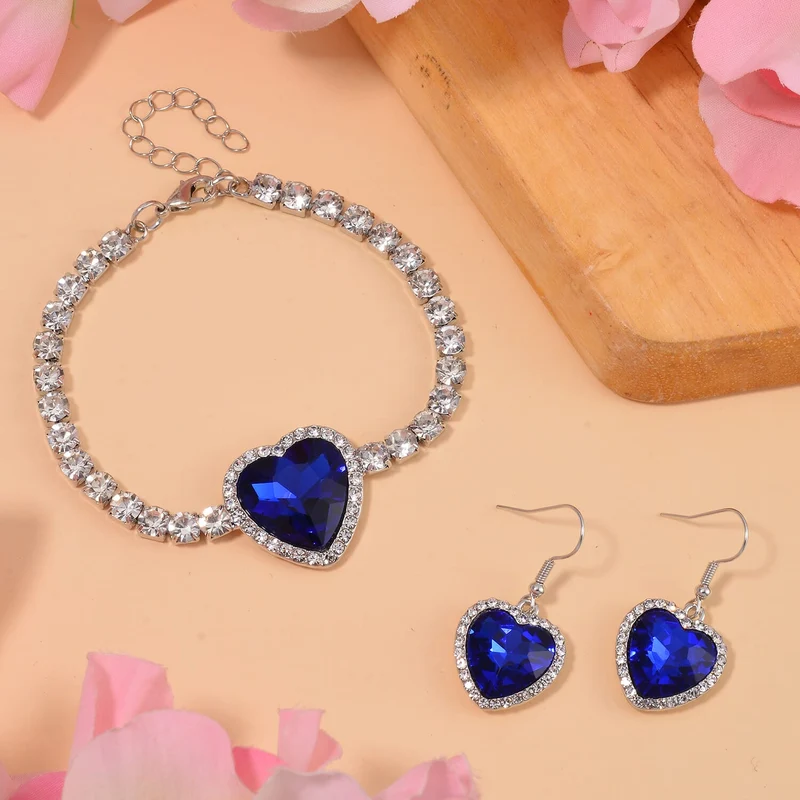 2er Set - J Francis gefertigt mit Glas, Weißer Kristall Armband und Ohrringe, blau
