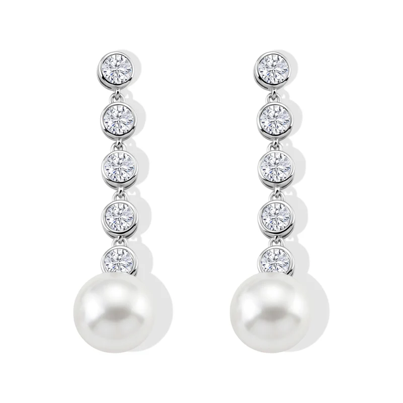 D'Joy Weiße Edison Perle (10-11 mm), Moissanit Ohrringe 925 Silber Rhodiniert