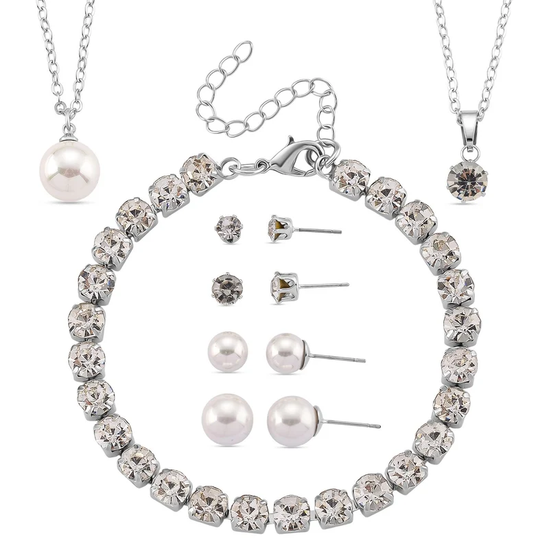 Weiße Muschelkernperle (8-12 mm), Weißer Kristall Schmuckset 316L Edelstahl, Nickelfreies Messing