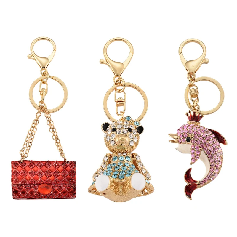 3er-Set emaillierte weiße, schwarze, rote und mehrfarbige Kristall-Schlüsselanhänger, Handtasche, Teddybär und Delfin, Legierung in Gelbgold
