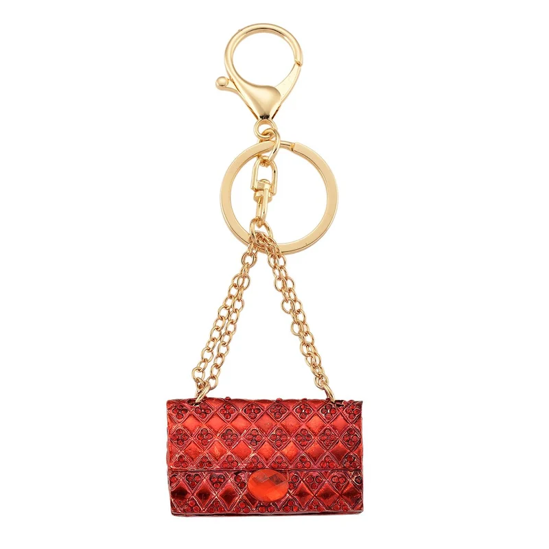 3er-Set emaillierte weiße, schwarze, rote und mehrfarbige Kristall-Schlüsselanhänger, Handtasche, Teddybär und Delfin, Legierung in Gelbgold
