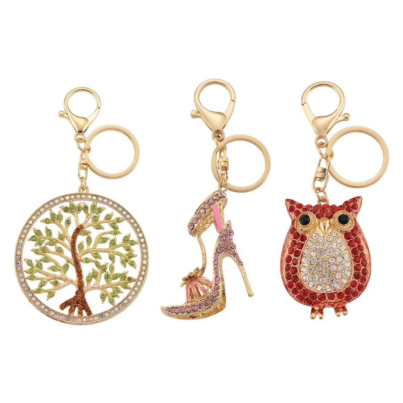 3er-Set emaillierte rosa, mystische weiße und mehrfarbige Kristall-Schlüsselanhänger, Lebensbaum, Pumps und Eule, Legierung in Gelbgold