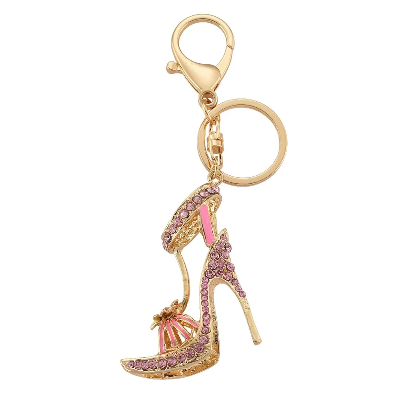 3er-Set emaillierte rosa, mystische weiße und mehrfarbige Kristall-Schlüsselanhänger, Lebensbaum, Pumps und Eule, Legierung in Gelbgold