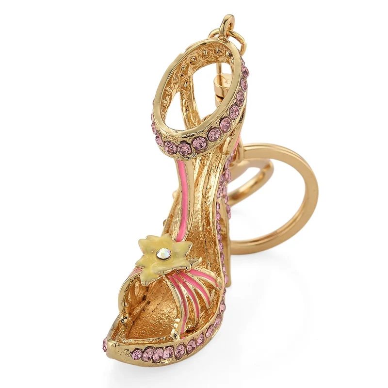 3er-Set emaillierte rosa, mystische weiße und mehrfarbige Kristall-Schlüsselanhänger, Lebensbaum, Pumps und Eule, Legierung in Gelbgold