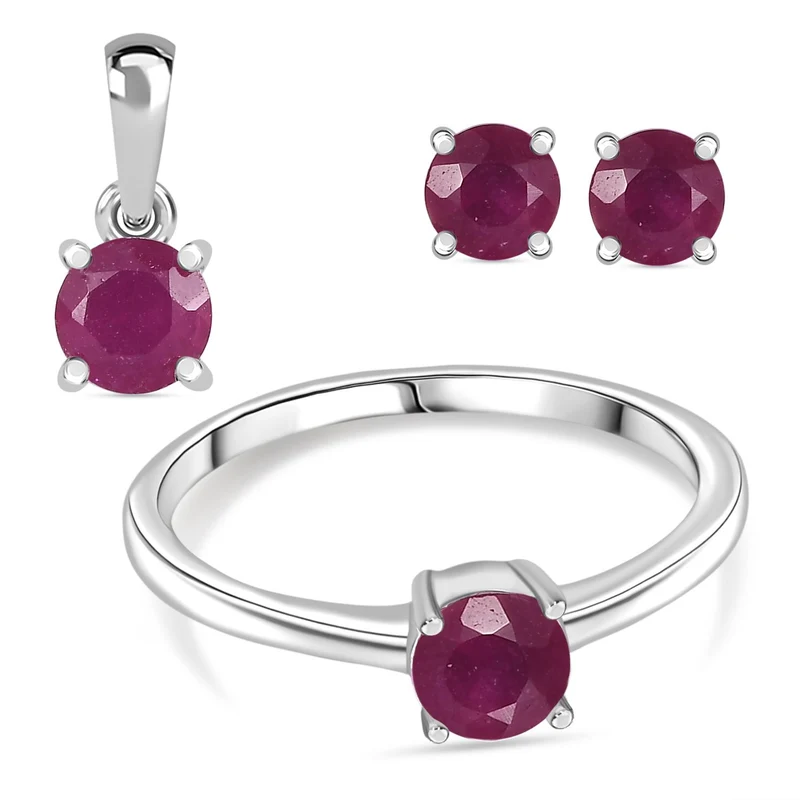 3er Set - D'Joy Afrikanischer Rubin (Fissure gefüllt) Ohrringe, Ring und Anhänger, 925 Silber rhodiniert (Größe 21) ca. 1.84 ct