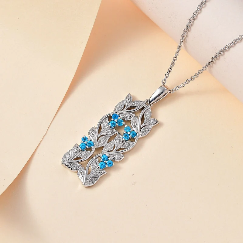 AA Neon Apatit, Weißer Zirkon Anhänger mit Kette ca. 45 cm, 925 Silber platiniert ca. 0.88 ct