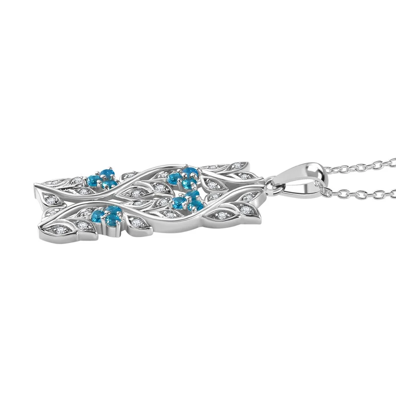AA Neon Apatit, Weißer Zirkon Anhänger mit Kette ca. 45 cm, 925 Silber platiniert ca. 0.88 ct