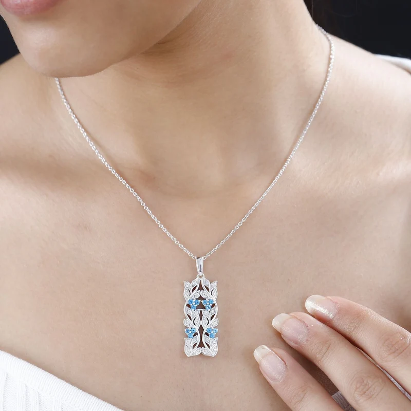 AA Neon Apatit, Weißer Zirkon Anhänger mit Kette ca. 45 cm, 925 Silber platiniert ca. 0.88 ct