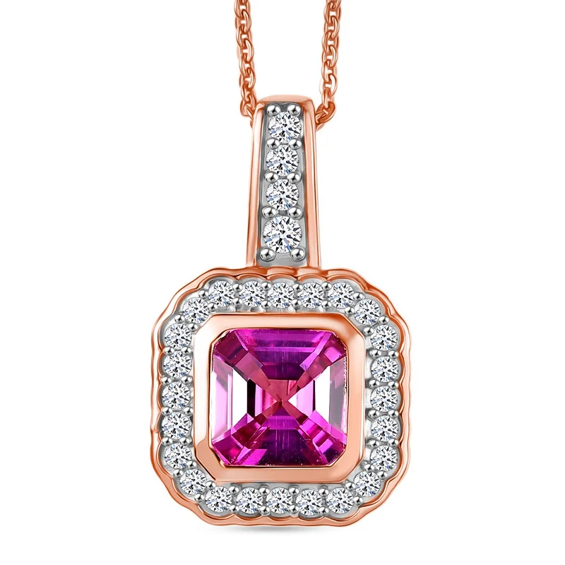 LUXURIANT AAA Labor Rosa Saphir und Labor Diamant Anhänger mit 50cm Kette, 925 Silber 750 Roségold Vermeil - 2,63 ct.