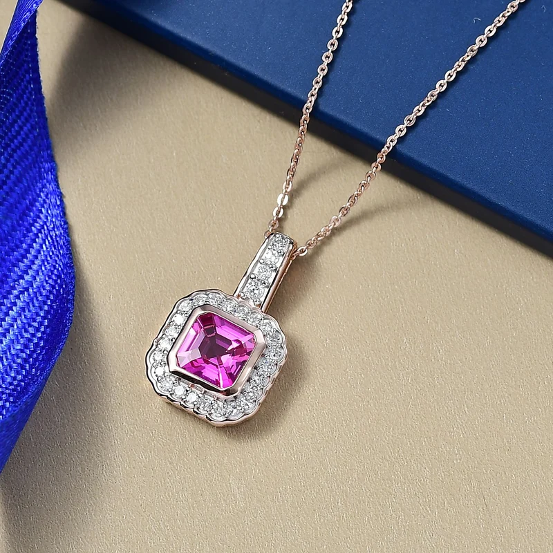 LUXURIANT AAA Labor Rosa Saphir und Labor Diamant Anhänger mit 50cm Kette, 925 Silber 750 Roségold Vermeil - 2,63 ct.
