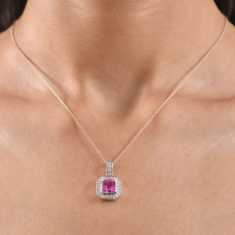 LUXURIANT AAA Labor Rosa Saphir und Labor Diamant Anhänger mit 50cm Kette, 925 Silber 750 Roségold Vermeil - 2,63 ct.