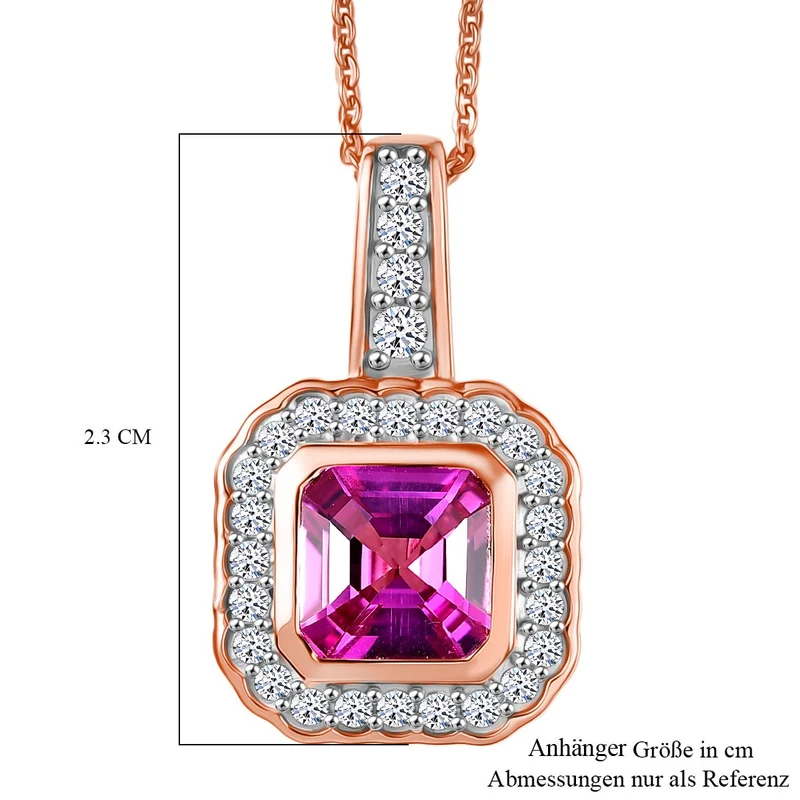 LUXURIANT AAA Labor Rosa Saphir und Labor Diamant Anhänger mit 50cm Kette, 925 Silber 750 Roségold Vermeil - 2,63 ct.