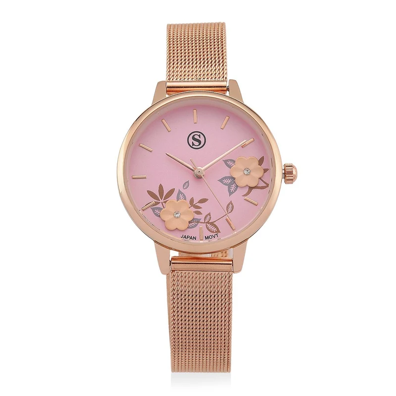 STRADA Uhr mit Japanischem PC21S Werk, Edelstahl-Mesharmband Goldfarben, florales Zifferblatt Gelb mit Weißem Kristall