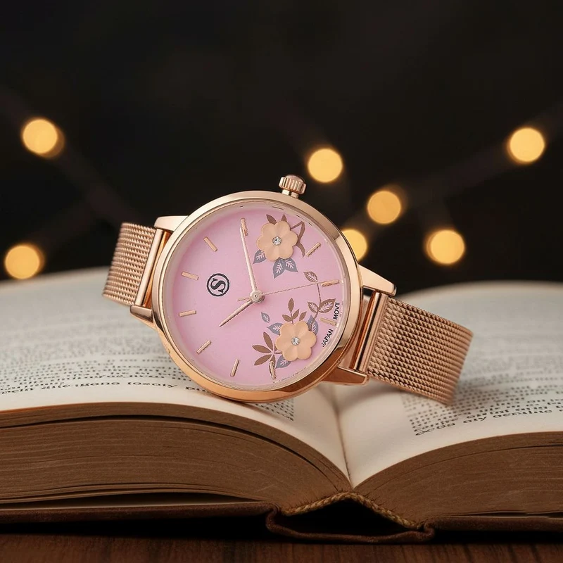 STRADA Uhr mit Japanischem PC21S Werk, Edelstahl-Mesharmband Goldfarben, florales Zifferblatt Gelb mit Weißem Kristall