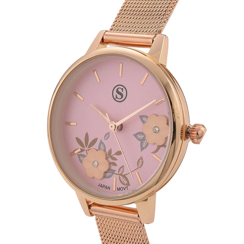 STRADA Uhr mit Japanischem PC21S Werk, Edelstahl-Mesharmband Goldfarben, florales Zifferblatt Gelb mit Weißem Kristall