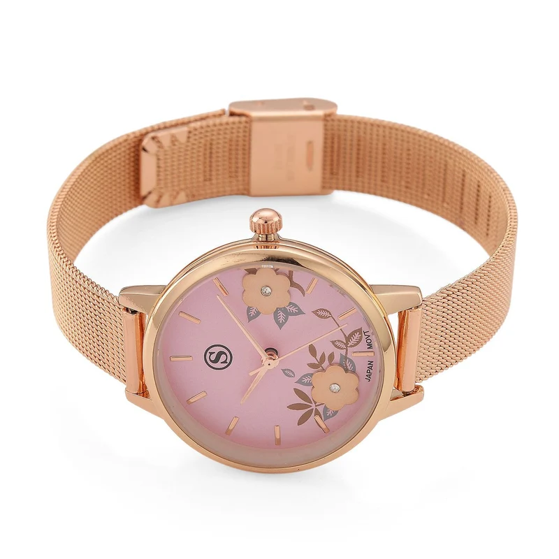 STRADA Uhr mit Japanischem PC21S Werk, Edelstahl-Mesharmband Goldfarben, florales Zifferblatt Gelb mit Weißem Kristall