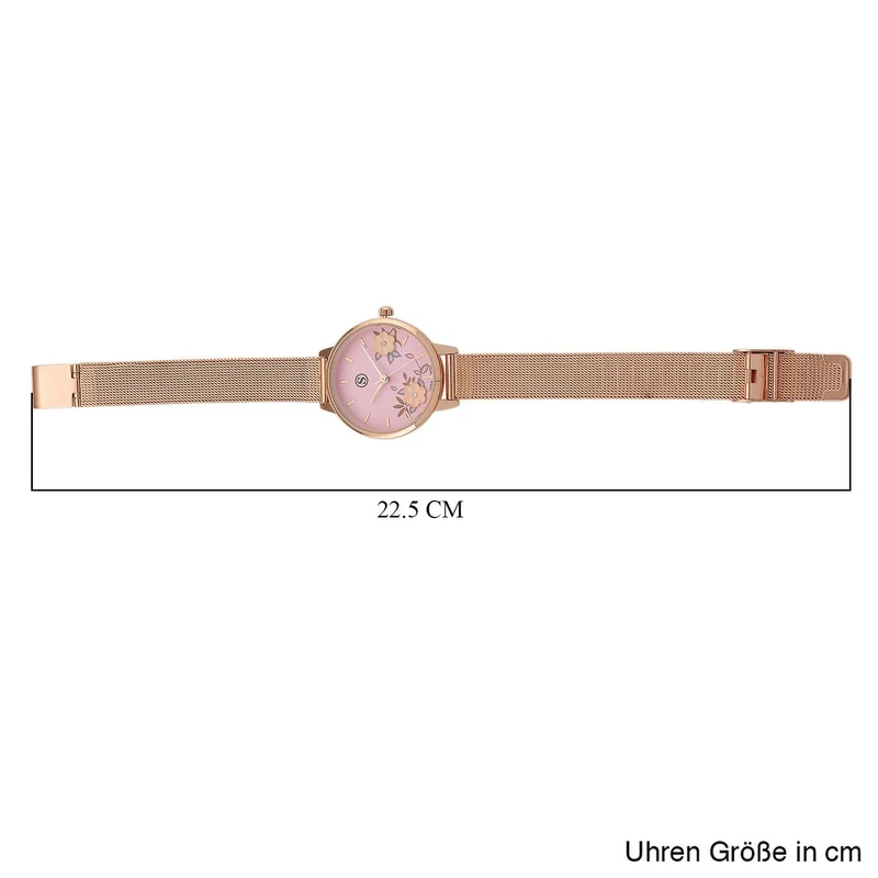 STRADA Uhr mit Japanischem PC21S Werk, Edelstahl-Mesharmband Goldfarben, florales Zifferblatt Gelb mit Weißem Kristall