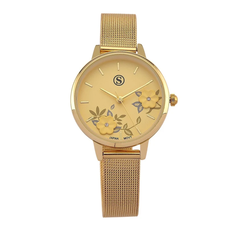 STRADA Uhr mit Japanischem PC21S Werk, Edelstahl-Mesharmband Goldfarben, florales Zifferblatt Gelb mit Weißem Kristall