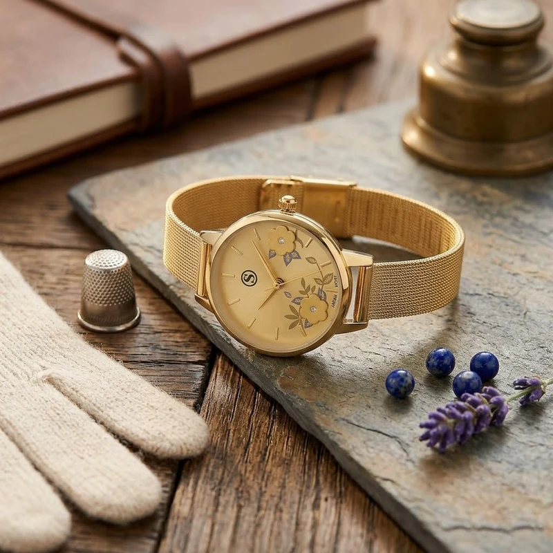 STRADA Uhr mit Japanischem PC21S Werk, Edelstahl-Mesharmband Goldfarben, florales Zifferblatt Gelb mit Weißem Kristall