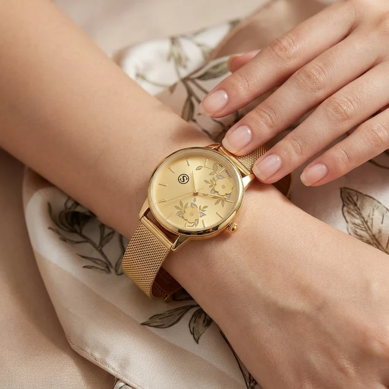 STRADA Uhr mit Japanischem PC21S Werk, Edelstahl-Mesharmband Goldfarben, florales Zifferblatt Gelb mit Weißem Kristall