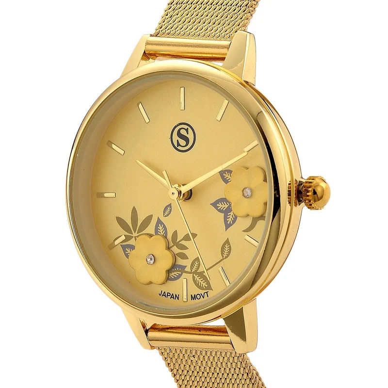 STRADA Uhr mit Japanischem PC21S Werk, Edelstahl-Mesharmband Goldfarben, florales Zifferblatt Gelb mit Weißem Kristall