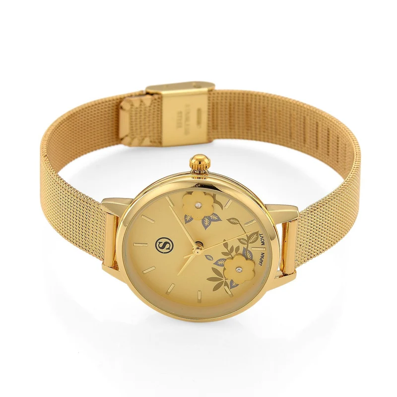 STRADA Uhr mit Japanischem PC21S Werk, Edelstahl-Mesharmband Goldfarben, florales Zifferblatt Gelb mit Weißem Kristall