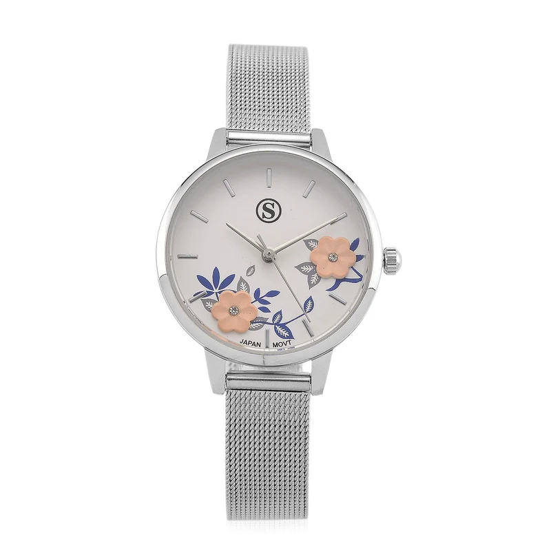 STRADA Uhr mit Japanischem PC21S Werk, Edelstahl-Mesharmband Goldfarben, florales Zifferblatt Gelb mit Weißem Kristall