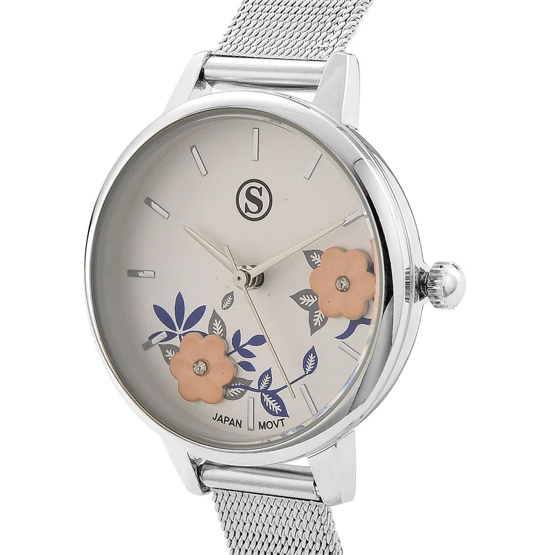 STRADA Uhr mit Japanischem PC21S Werk, Edelstahl-Mesharmband Goldfarben, florales Zifferblatt Gelb mit Weißem Kristall
