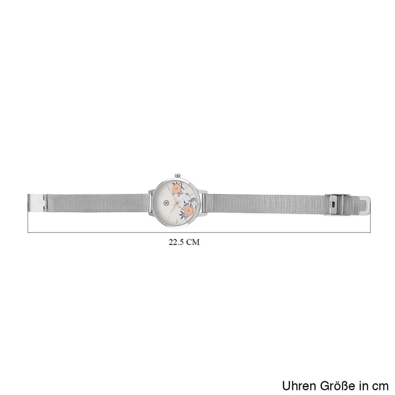 STRADA Uhr mit Japanischem PC21S Werk, Edelstahl-Mesharmband Goldfarben, florales Zifferblatt Gelb mit Weißem Kristall